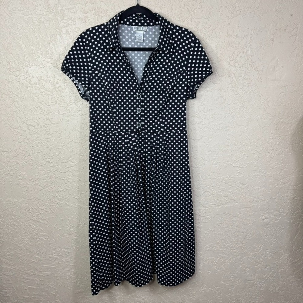 VTG ROBBIE BEE Black & White Polka Dot Dress Rockabilly Retro Housewife Size 12